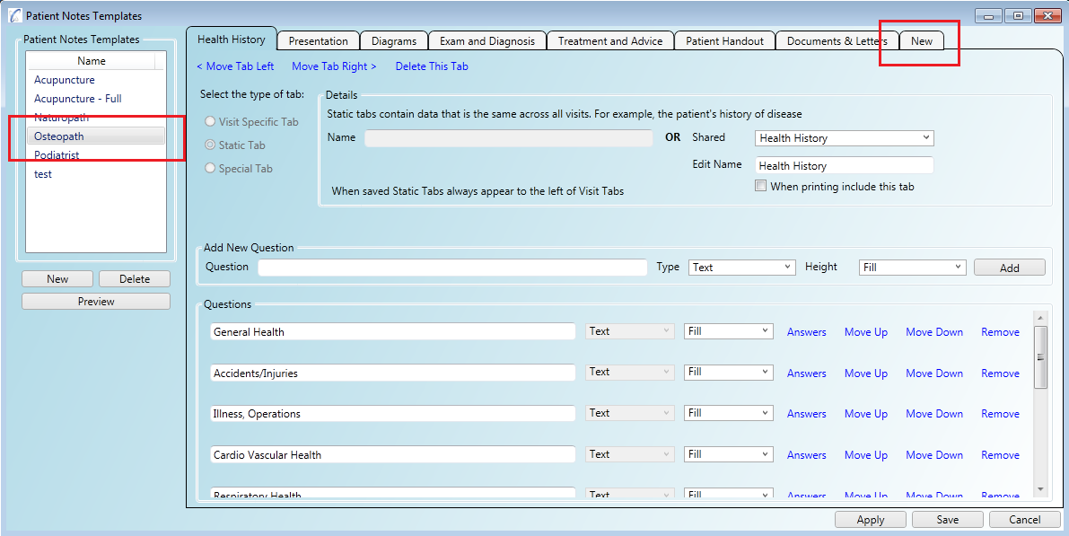 You can show the online patient intake form results on any of your patient notes templates